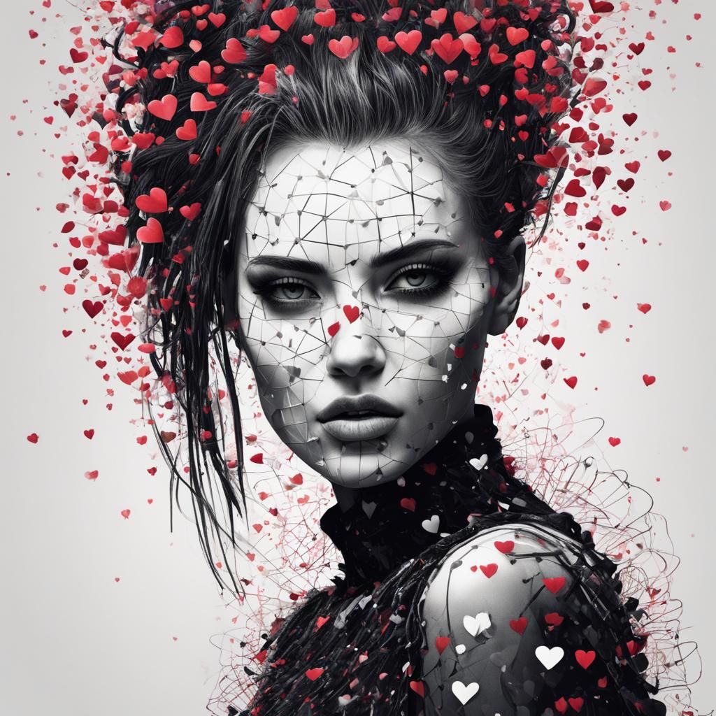 Digital Punk Portrait of Heart Girl, Matrix Art