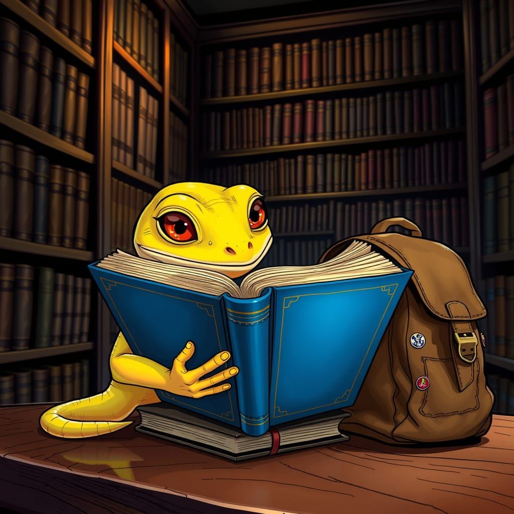 Inquisitive Gecko Reads Ancient Tomes in a Whimsical Library