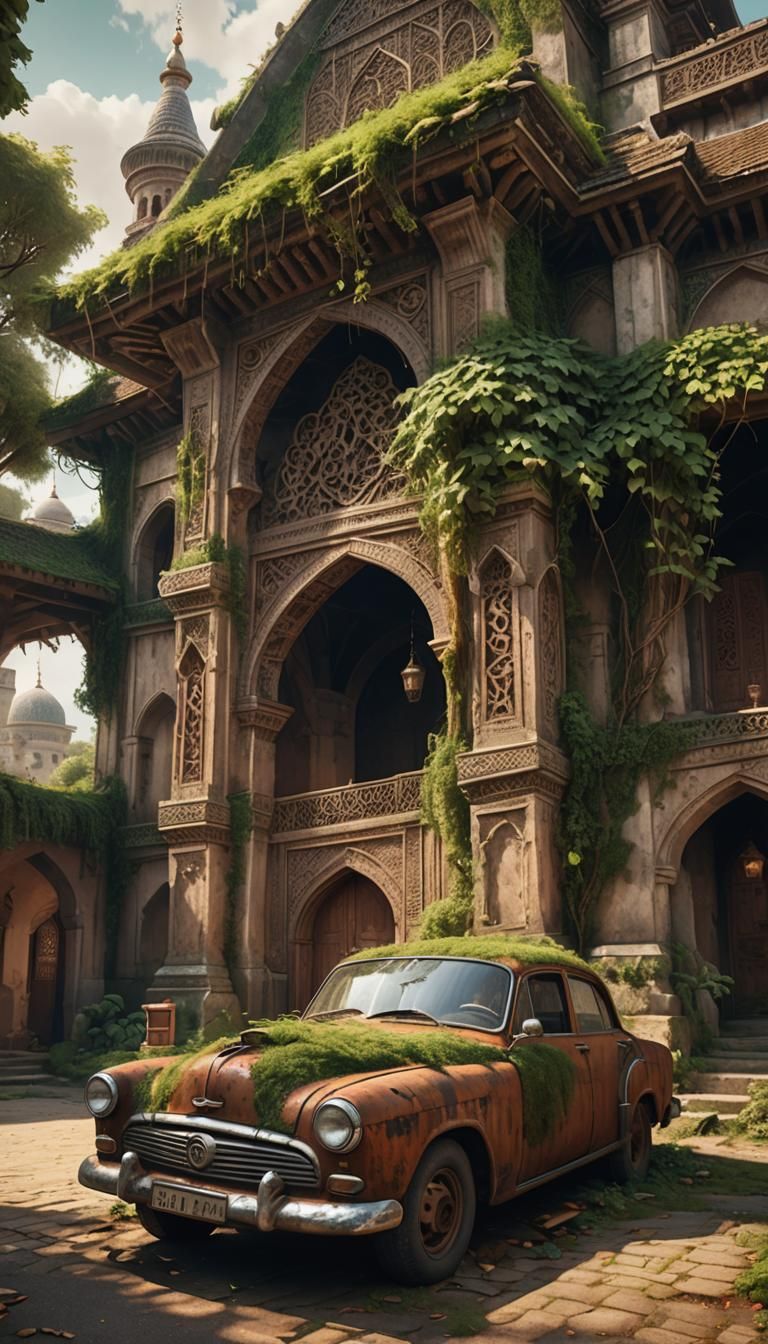 Rusty Car Parked Before Ancient Mosque