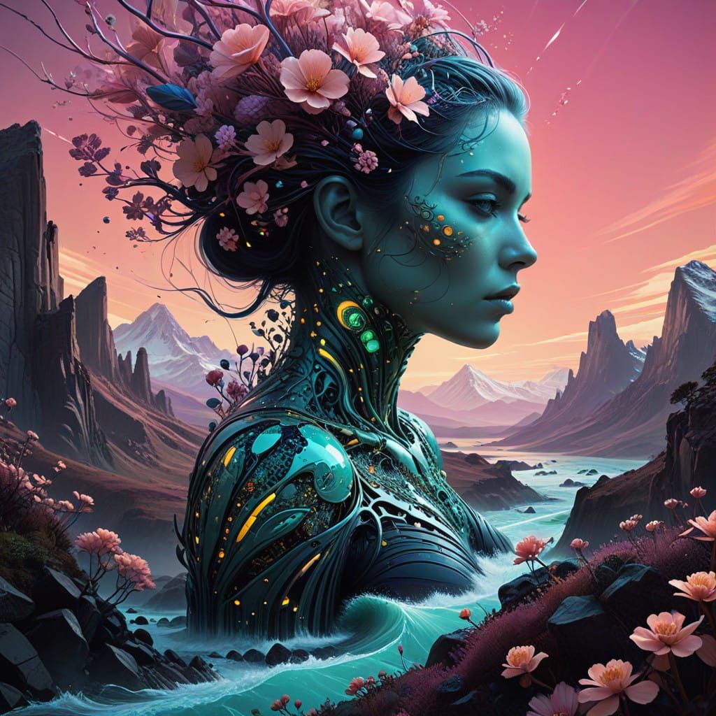 Dreamlike Floral Portrait in Vibrant Pastel Hues