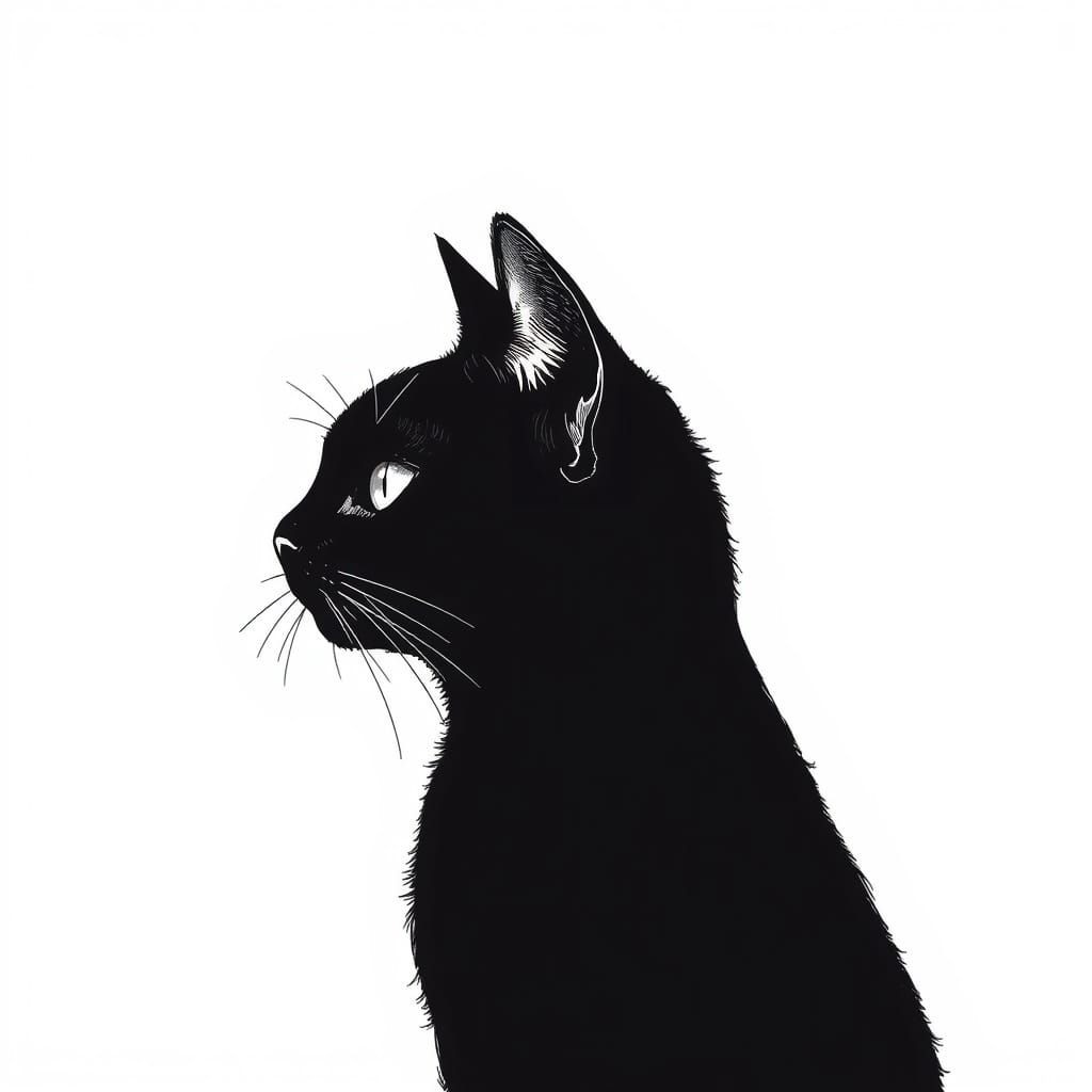 Minimalist Black Cat with Pen Shading and Red Highlights