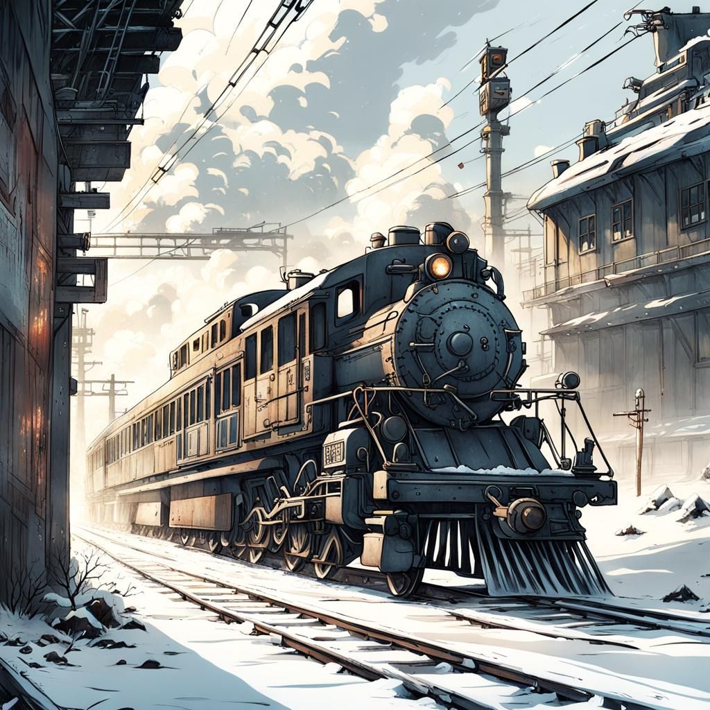 Post-Apocalyptic Winter Train Chase in Anime Style