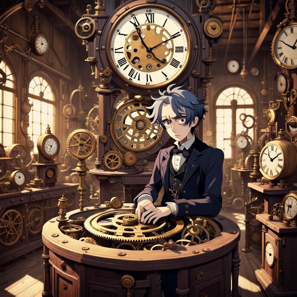 Gothic Clockmaker in Dimly Lit Workshop as Anime