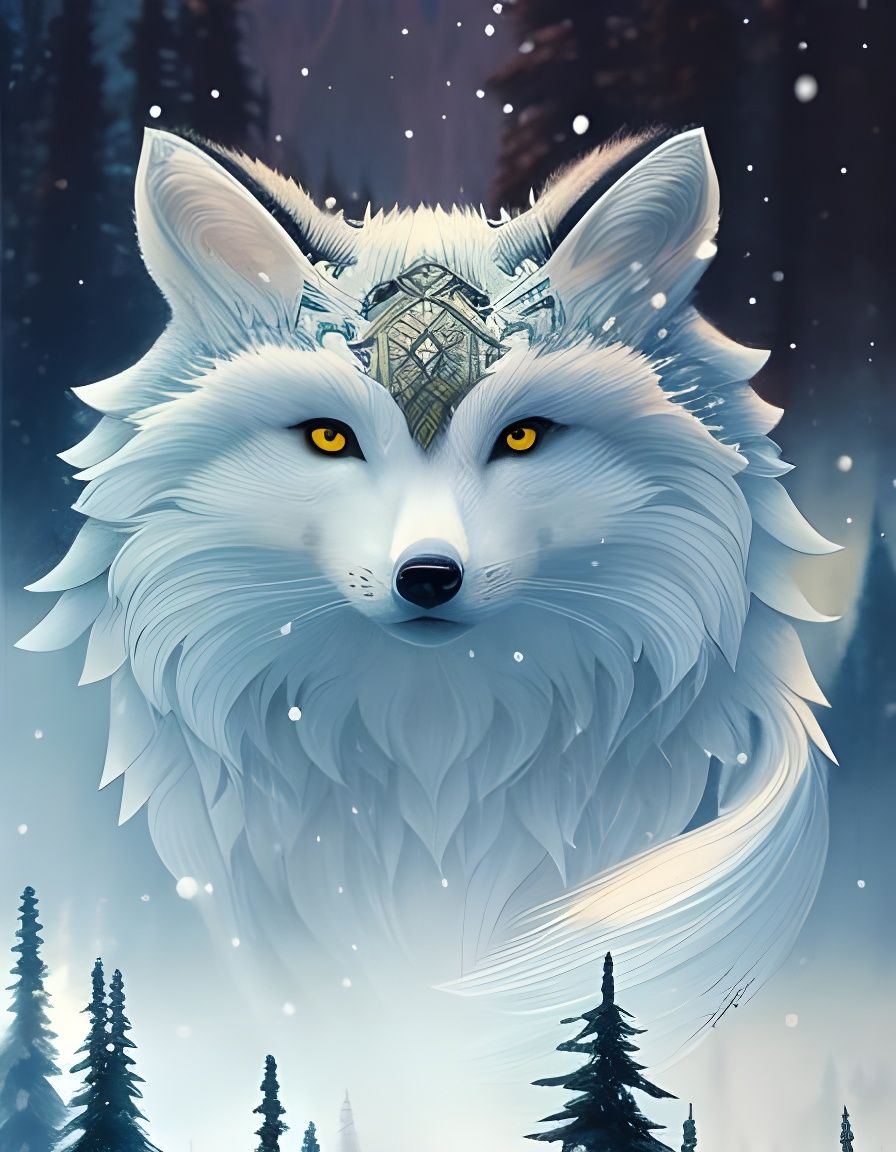 Magical Snow Fox Portrait in Watercolor Style