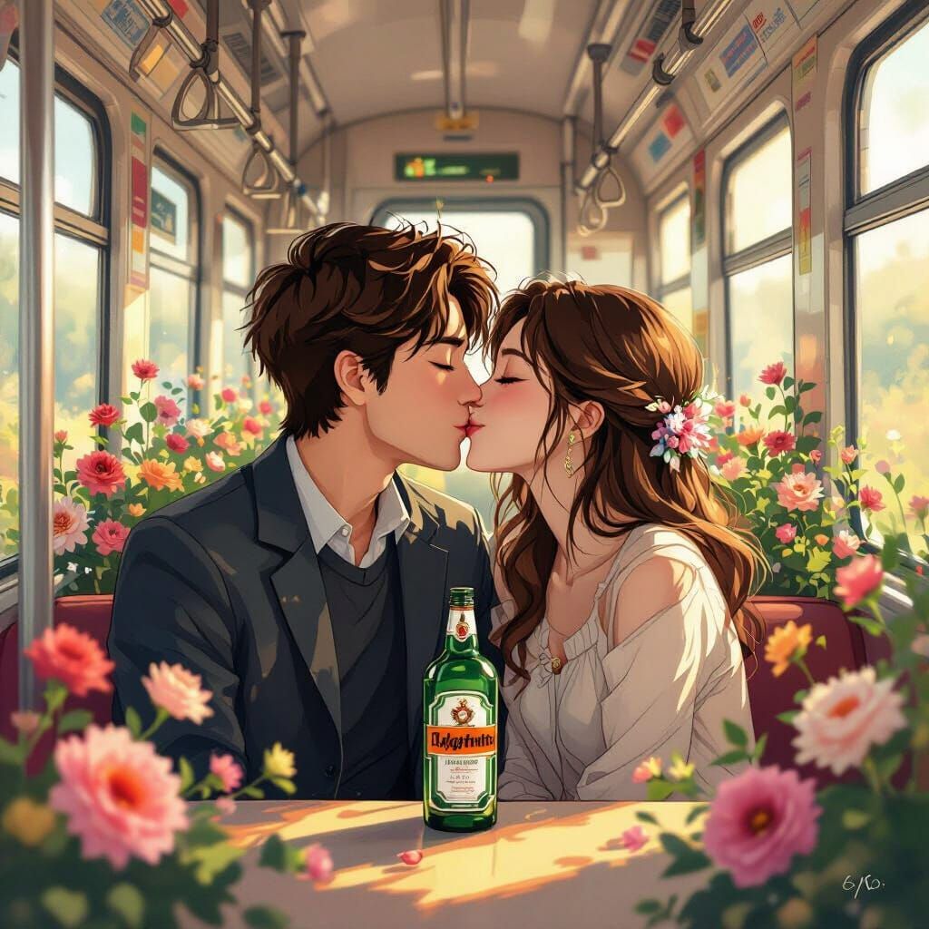 Romantic Train Kiss with Flowers in Miyazaki Style