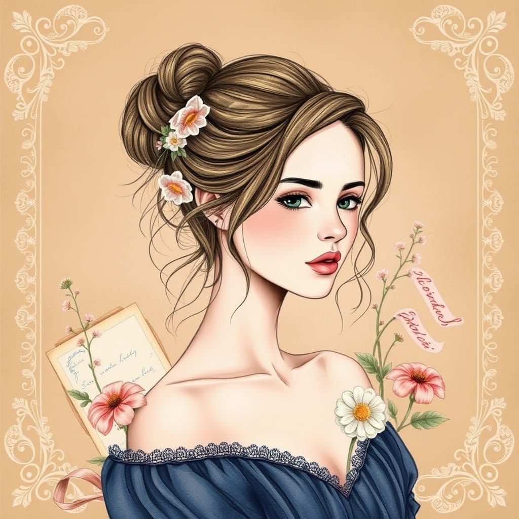 : Watercolor illustration of a chic messy bun hairstyle,
wit...