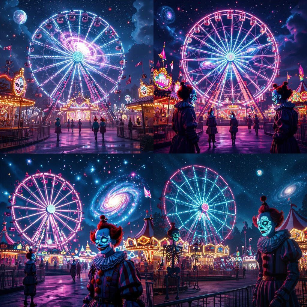 Surreal Cyberpunk Carnival at Night with Skeleton Rides