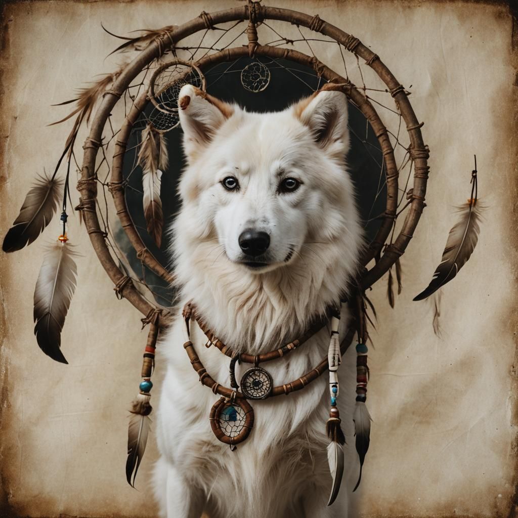 American Eskimo with Dreamcatcher on Parchment