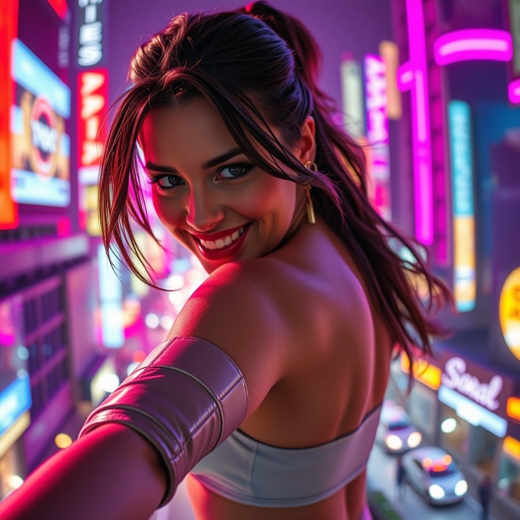 Elizabeth Hurley as Cyberpunk Heroine in Neon Cityscape