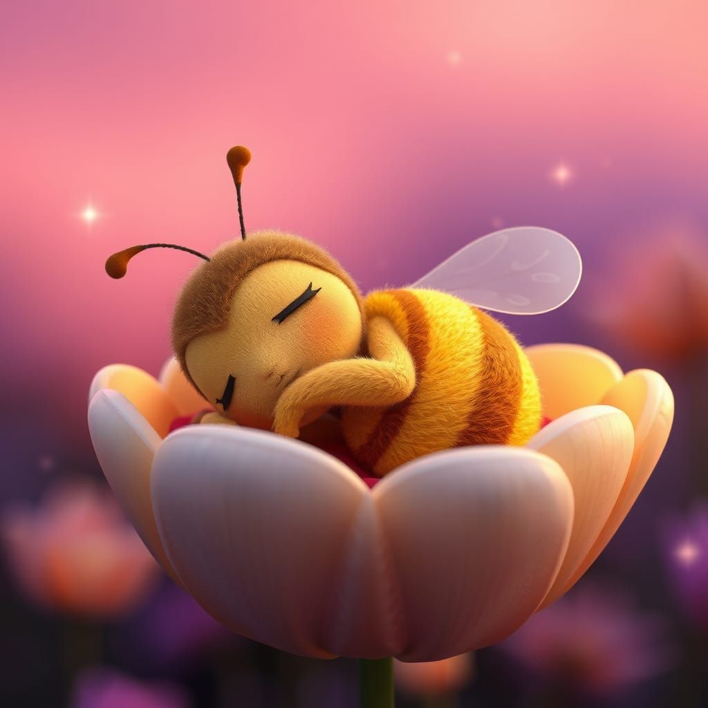 Sleepy Bee on Flower Petal in Pixar Style
