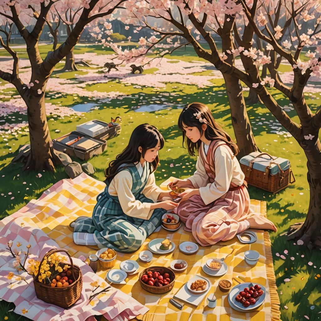 Cherry Blossom Picnic in Japanese Storybook Style
