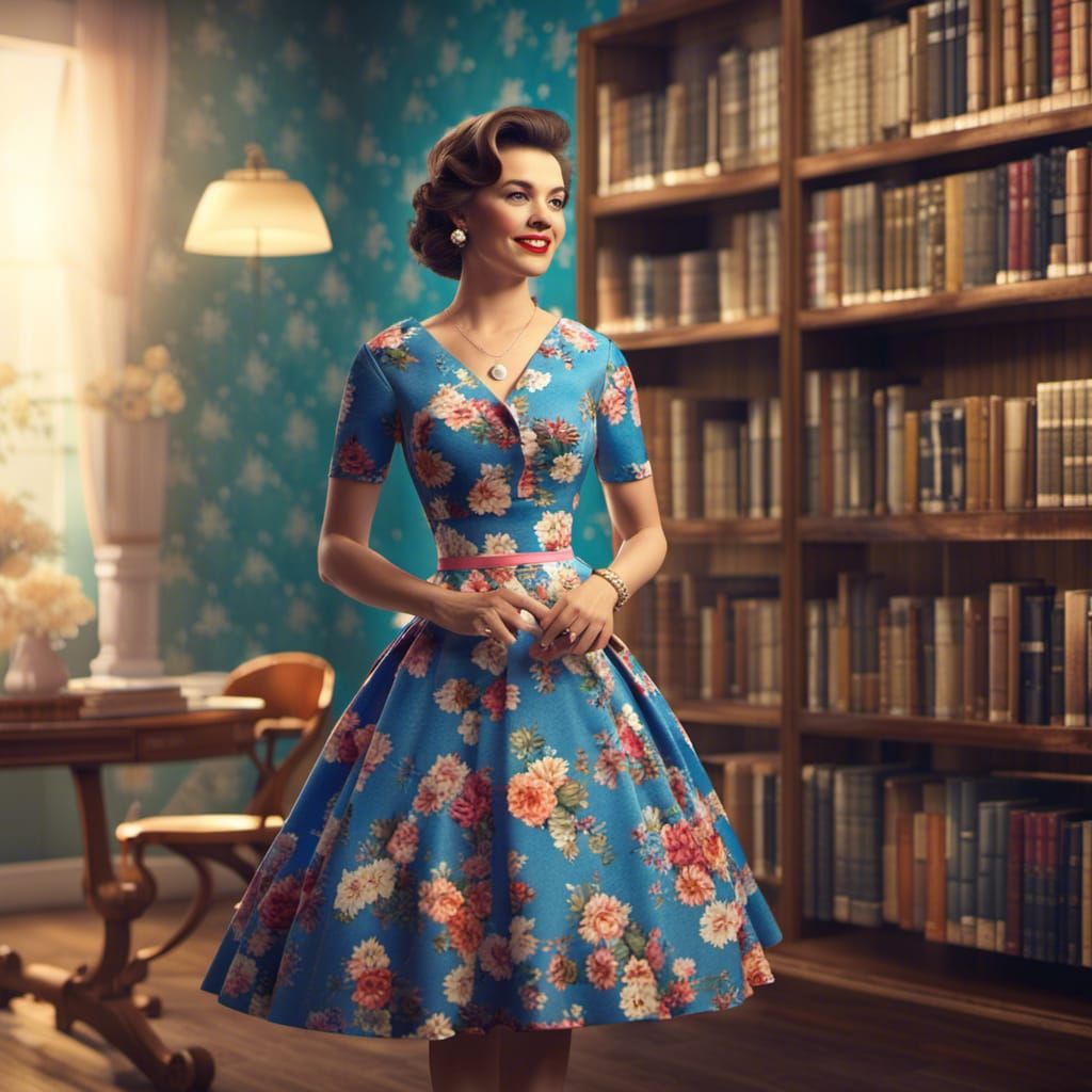 Elegant Woman in 1950s Dress in Library