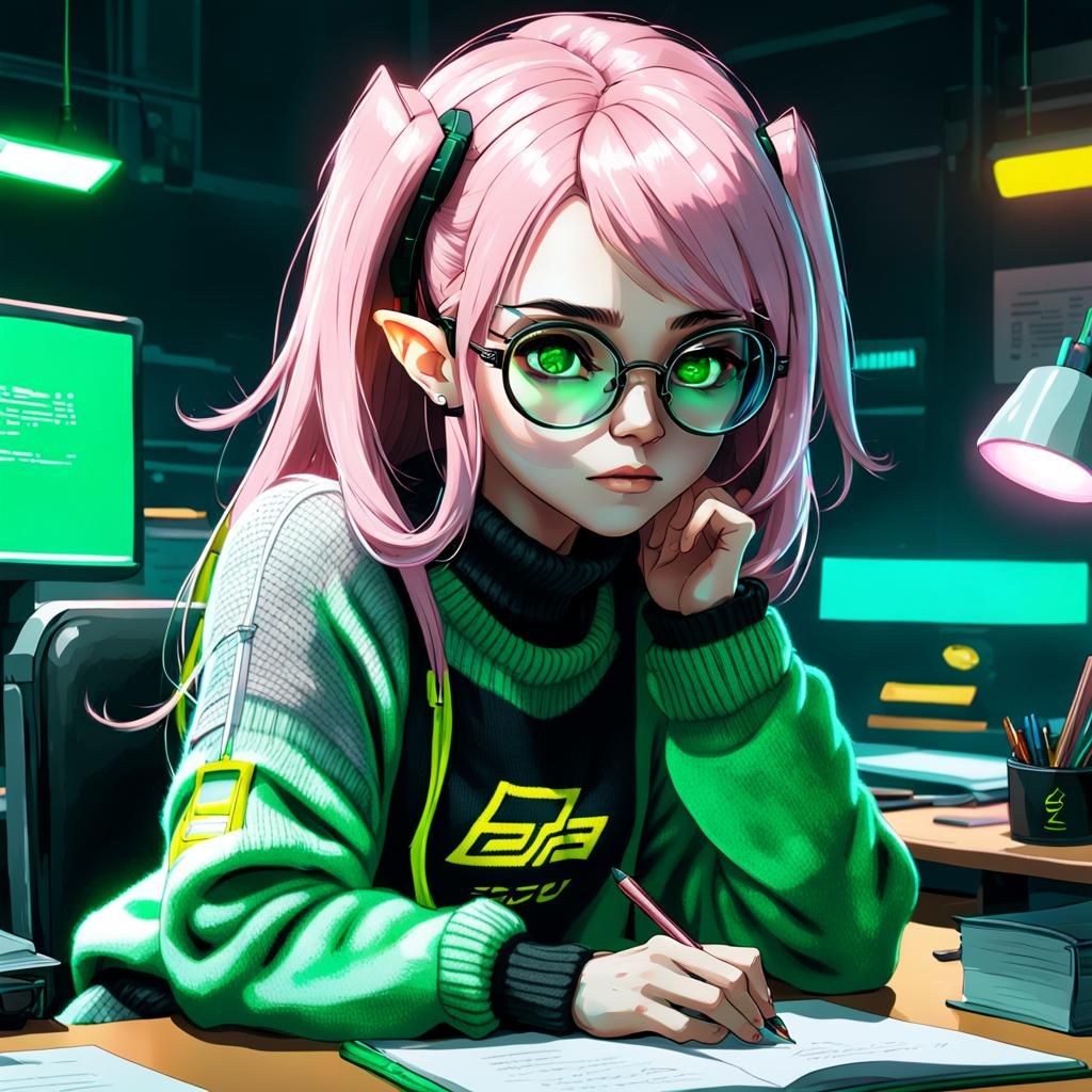 Anime Elf Girl Studying in Cyberpunk Style