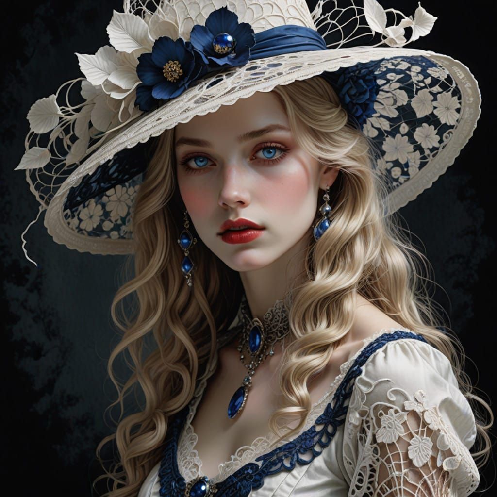 Gothic Southern Goddess in Intricate White Hat