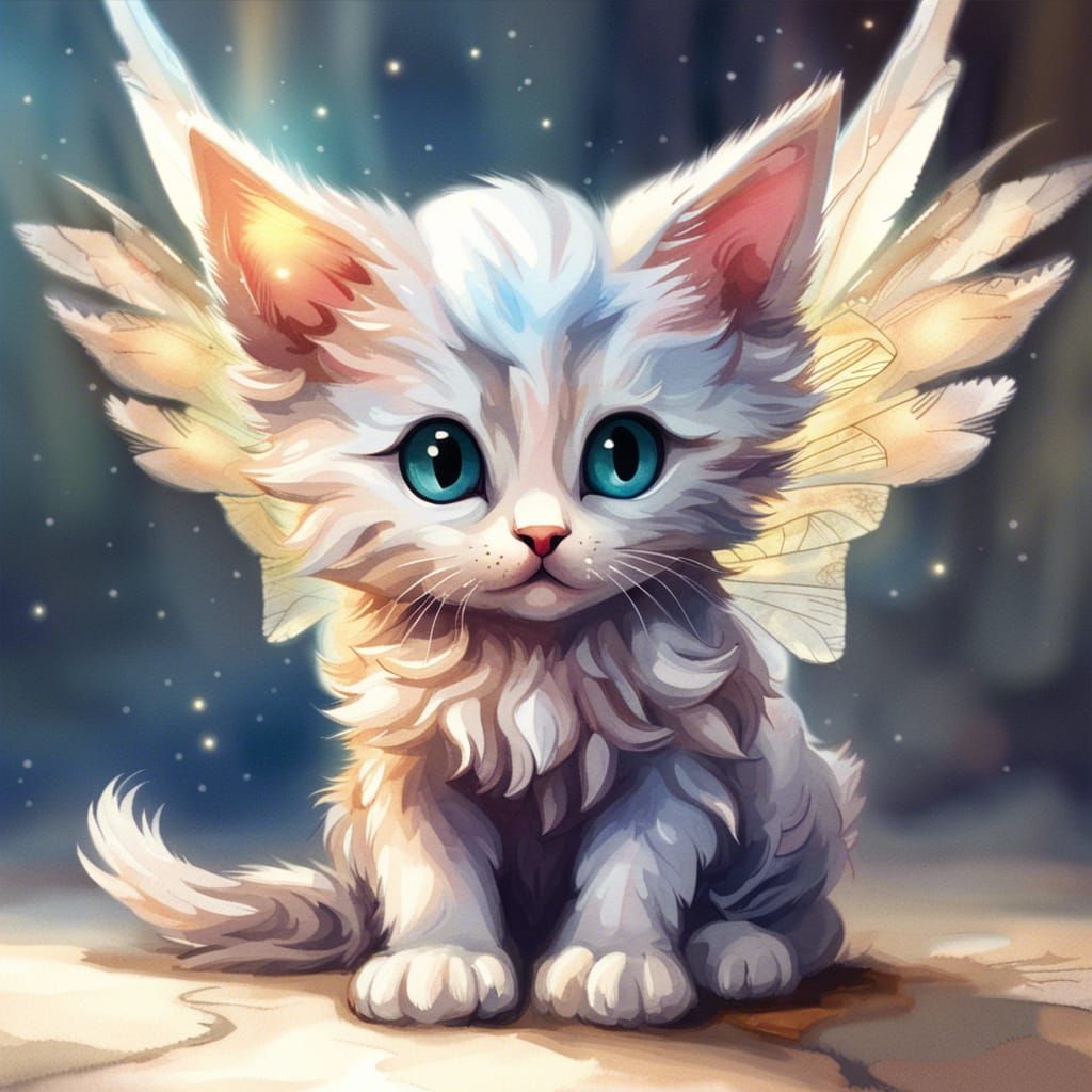 A gorgeous intricate watercolor painting of an Adorable baby kitten with wings