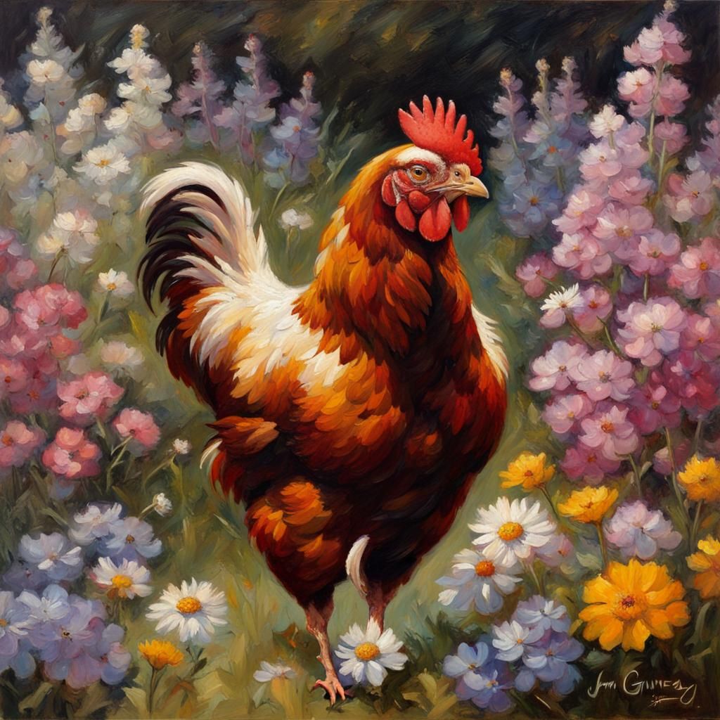 Chicken in Flower Field as Oil Painting