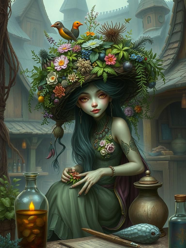 Dryad Sells Healing Potions in Fantasy Marketplace