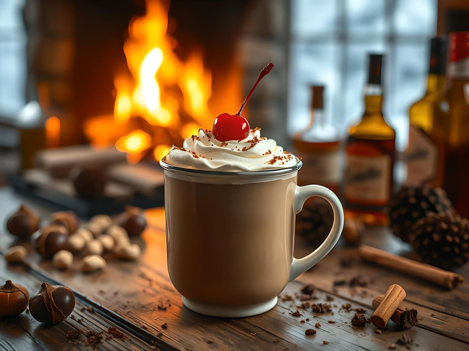 Hot Cocoa with Whipped Cream and Winter Decorations