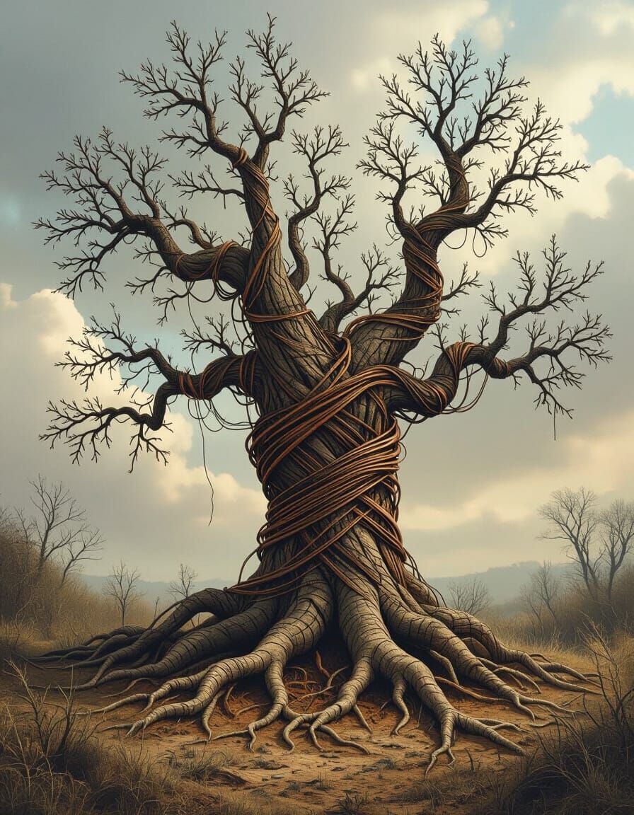 Gnarled Tree with Wire Branches in Biomechanical Style
