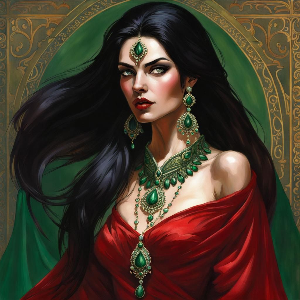 Persian Vampire in Crimson Silk Dress