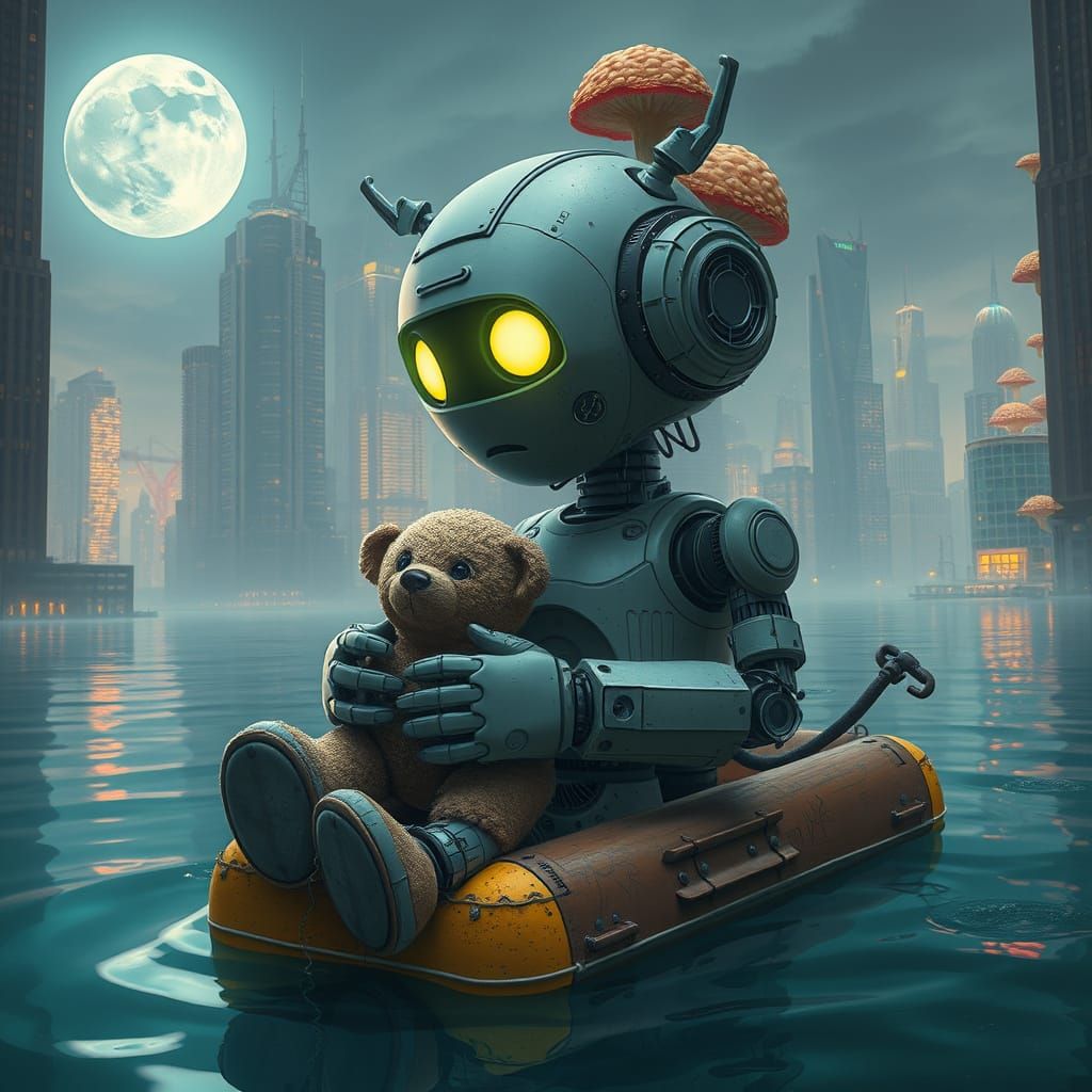 Robot Child Floats Through Sunken City