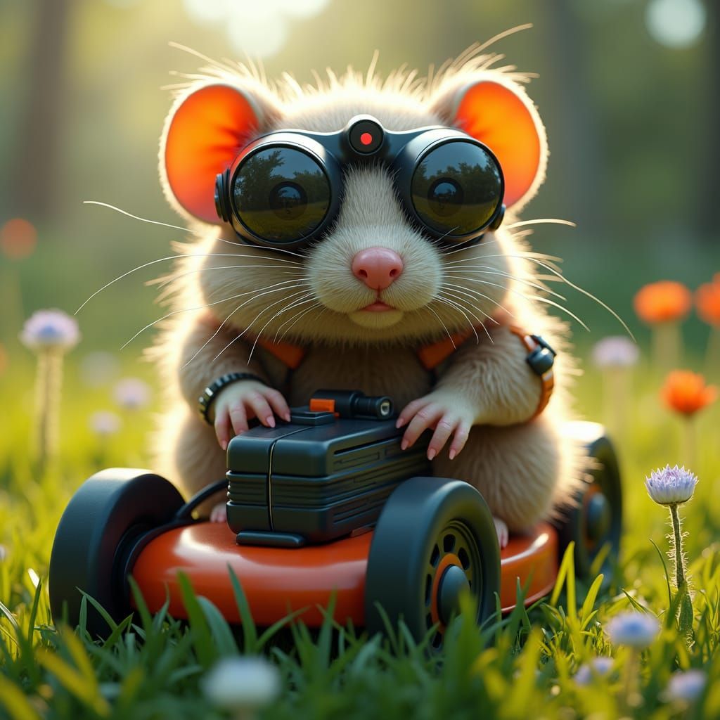 Hyperrealistic, cute, lovable, fluffy with futuristic binocu...