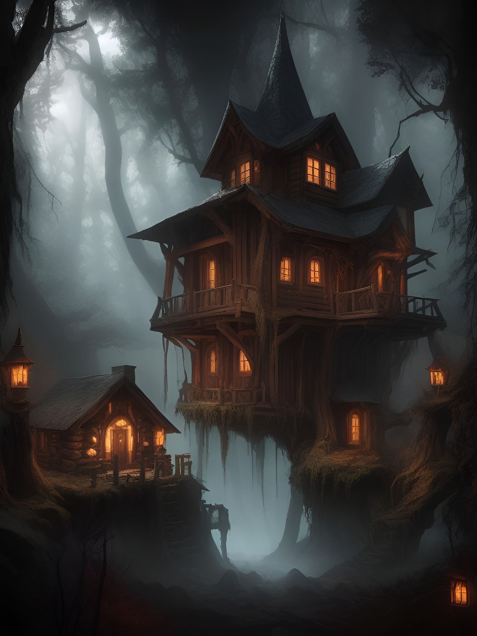 Eerie Cabin in Dark Magical Woods in 3D