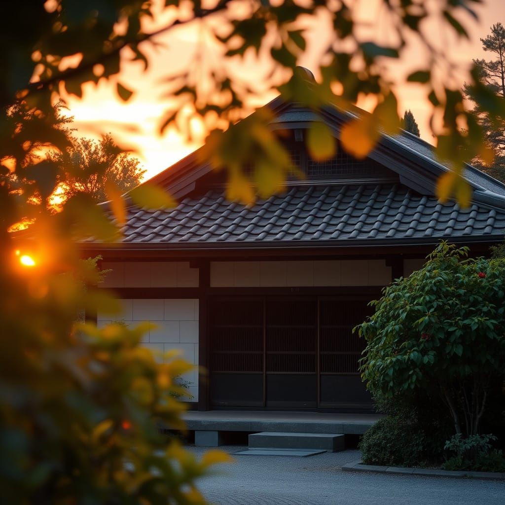Traditional Japanese House in Sunset Serenity