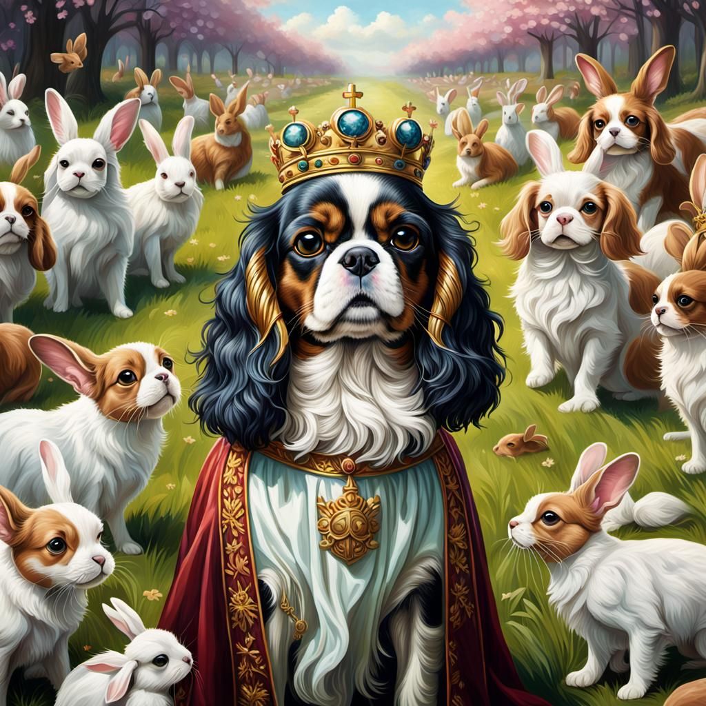 King Charles Cavalier as Queen in Bunny Field