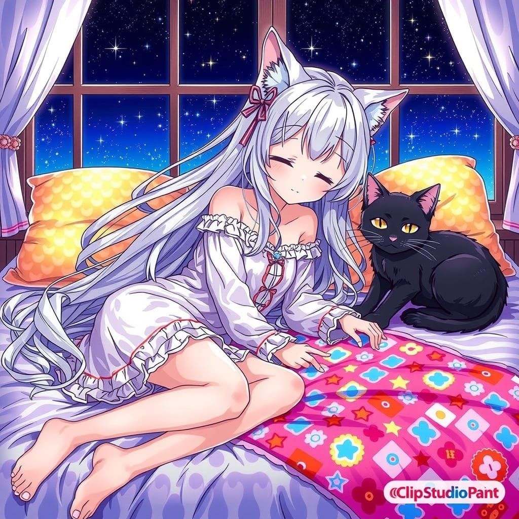 Anime Girl with Wolf Ears in Starry Room
