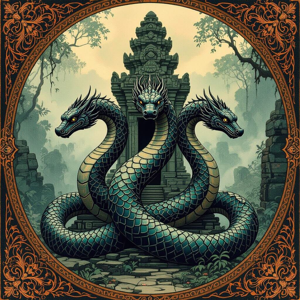 Hydra Coiled Around Ruined Temple in Gothic Engraving Style