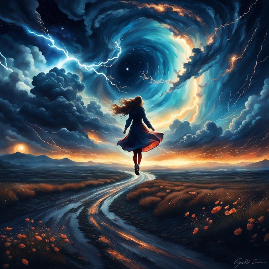 Racing Cosmic Storm Winds in Surreal Landscape