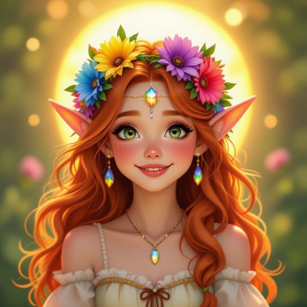 Joyful Spring Elf Maiden with Rainbow Crown