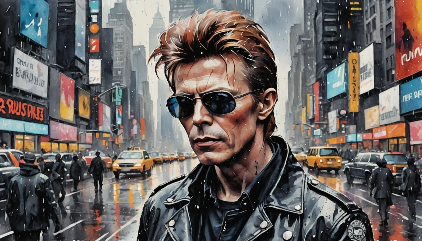 David Bowie in Times Square: Pop Art Watercolor