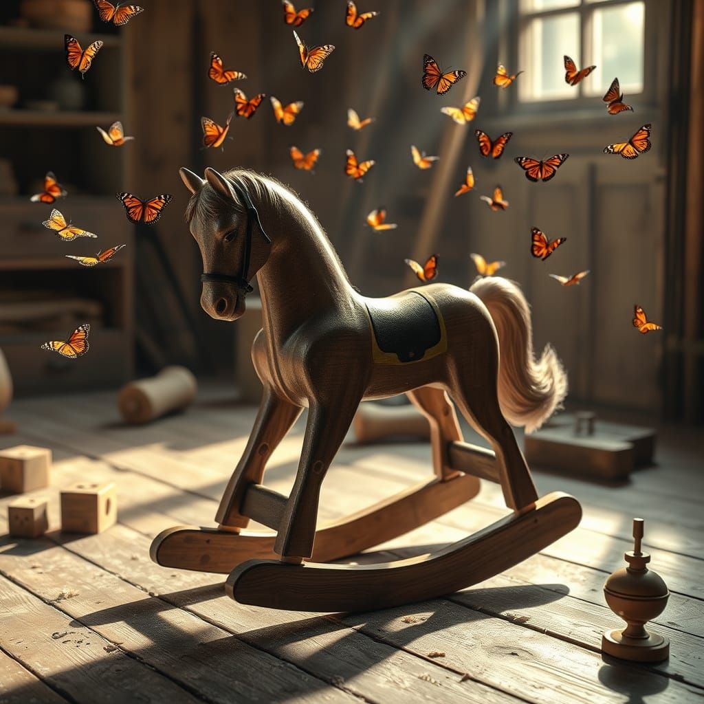 Magical Childhood: Rocking Horse Transforms into Butterflies