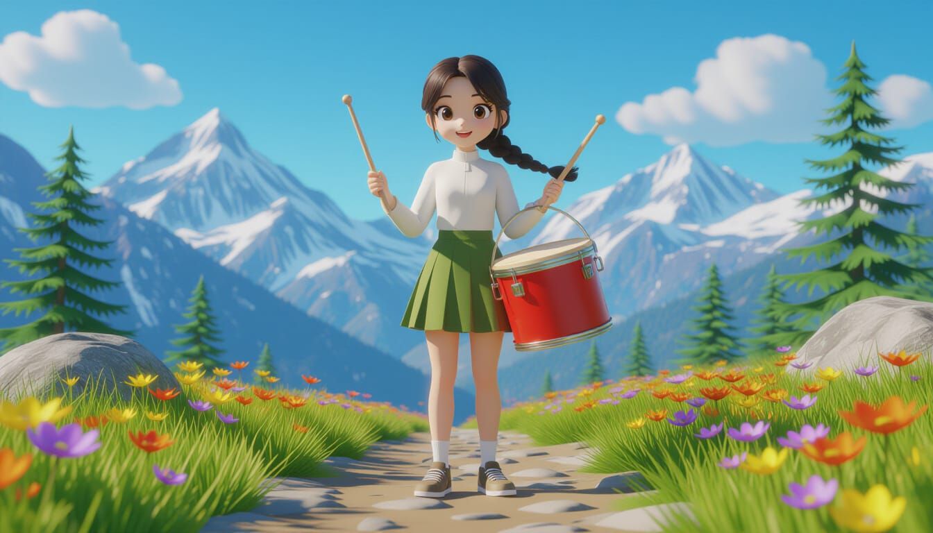 Cartoon Girl Drumming on Mountain Path in 3D Anime Style