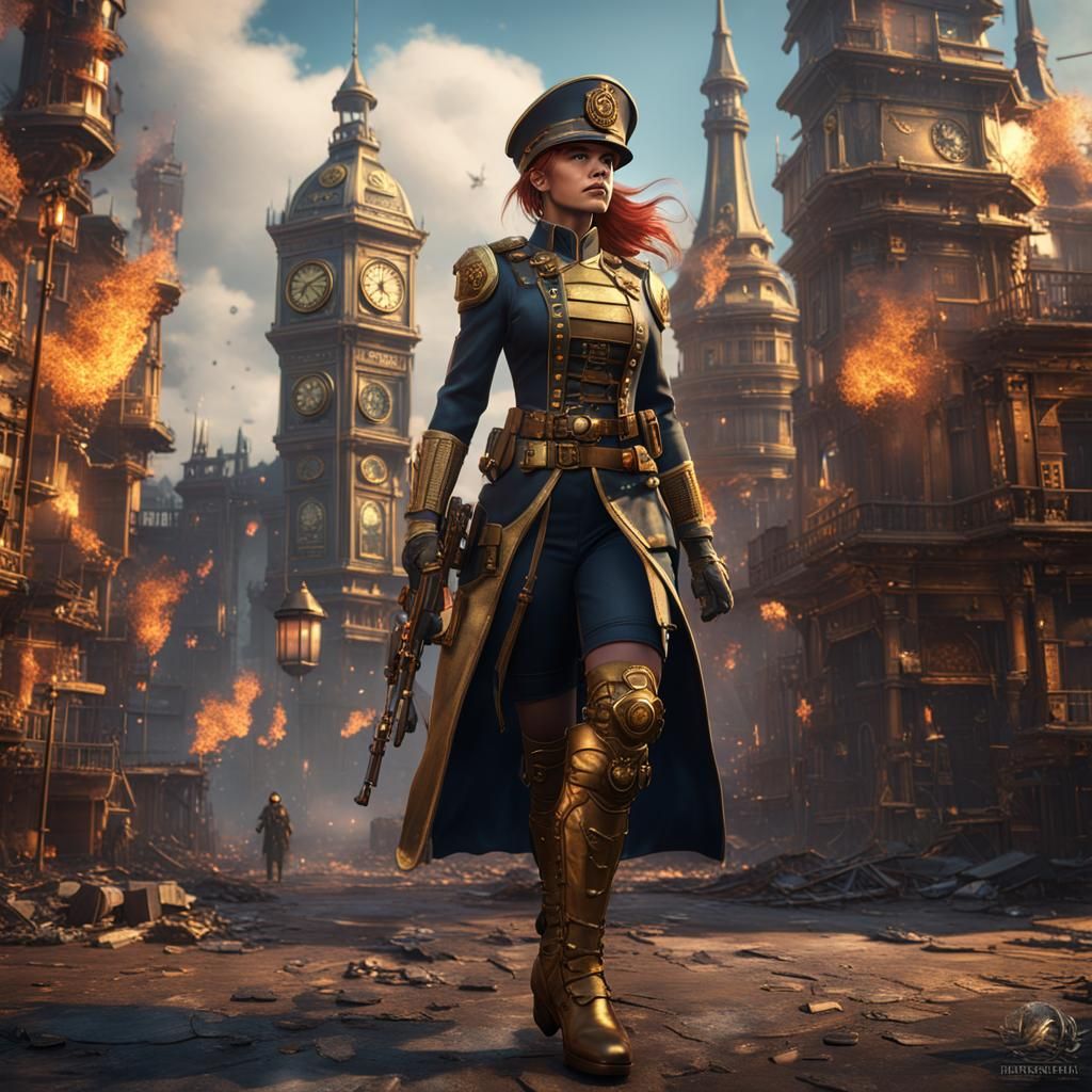 Steampunk Military Officer in Burning Fantasy City