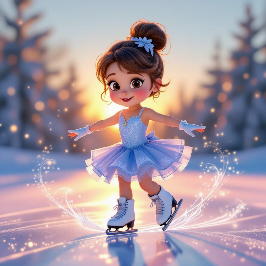 Baby Figure Skater Gliding on Ice at Sunset in 3D