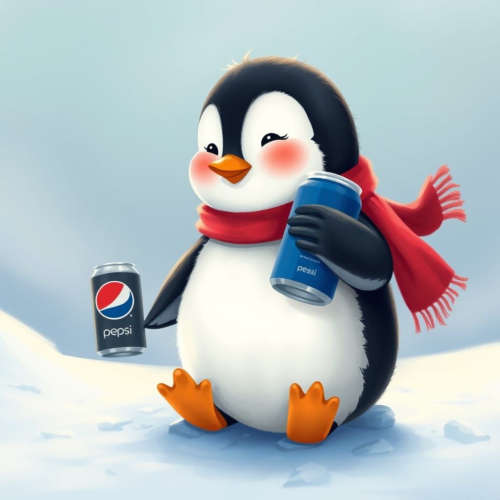 Cute Baby Penguin with Pepsi Can in Snowy Landscape