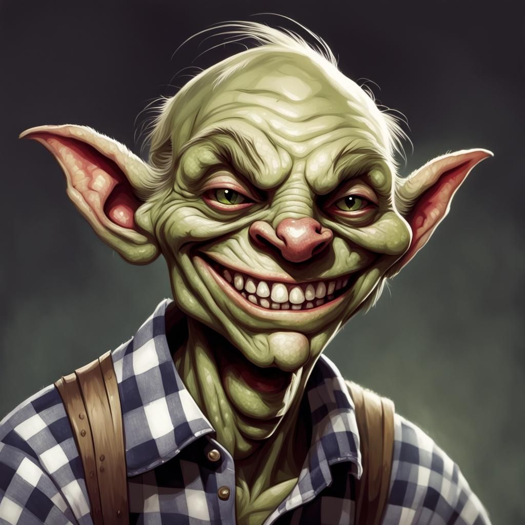Sinister Goblin in Checkered Shirt, Greg Rutkowski Style