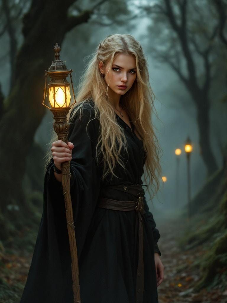 Luminous Fantasy Portrait of Woman with Staff