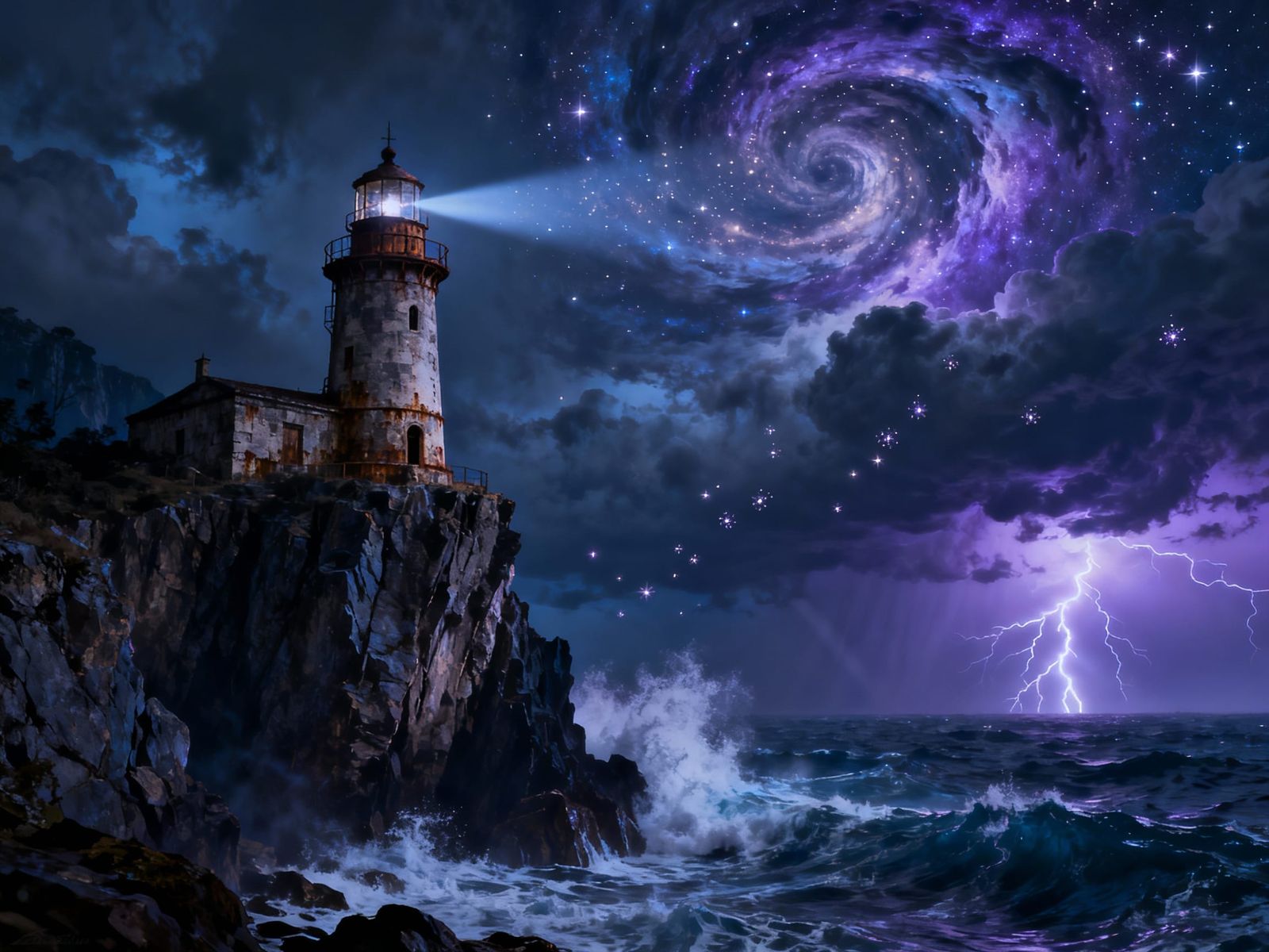 Ancient Lighthouse in Cosmic Storm Matte Painting