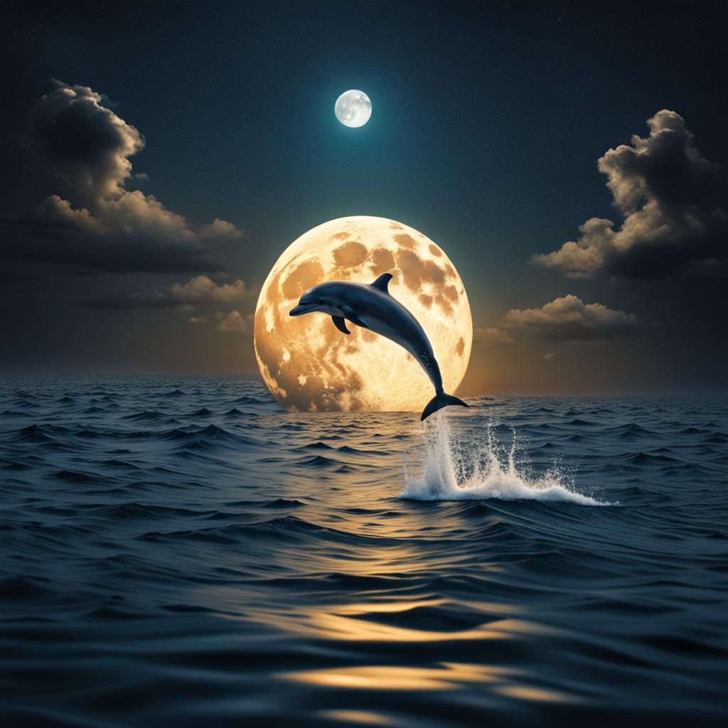 Dolphin Leaps Under a Beautiful Moon in HDR