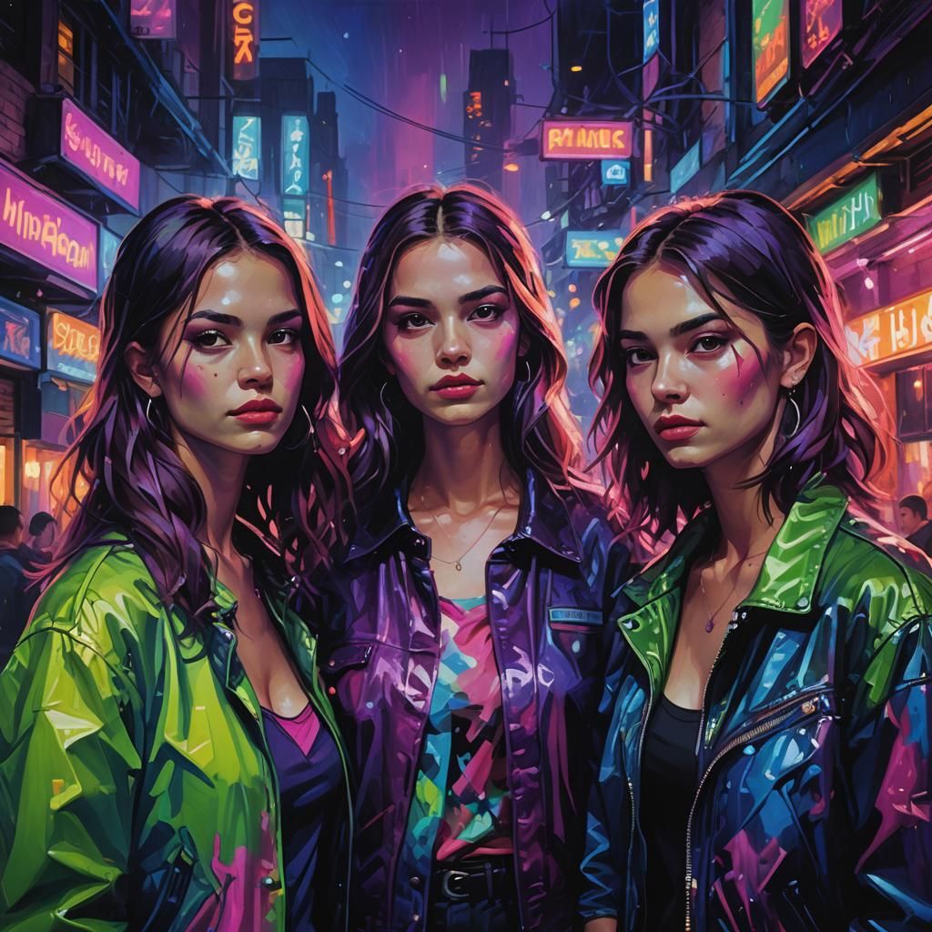 Sisters in Neon-Lit Nightlife, Vibrant Oil Painting
