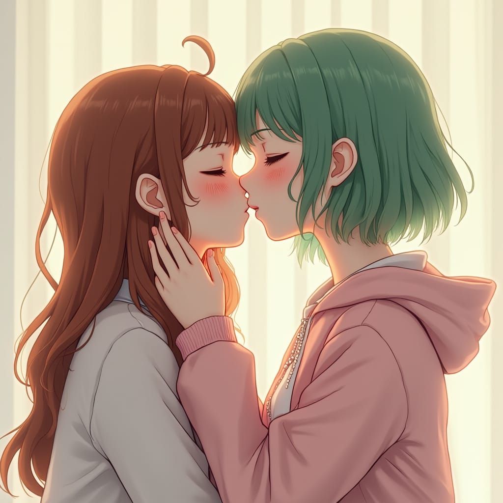 Girls Sharing a Kiss in 3D Anime Style