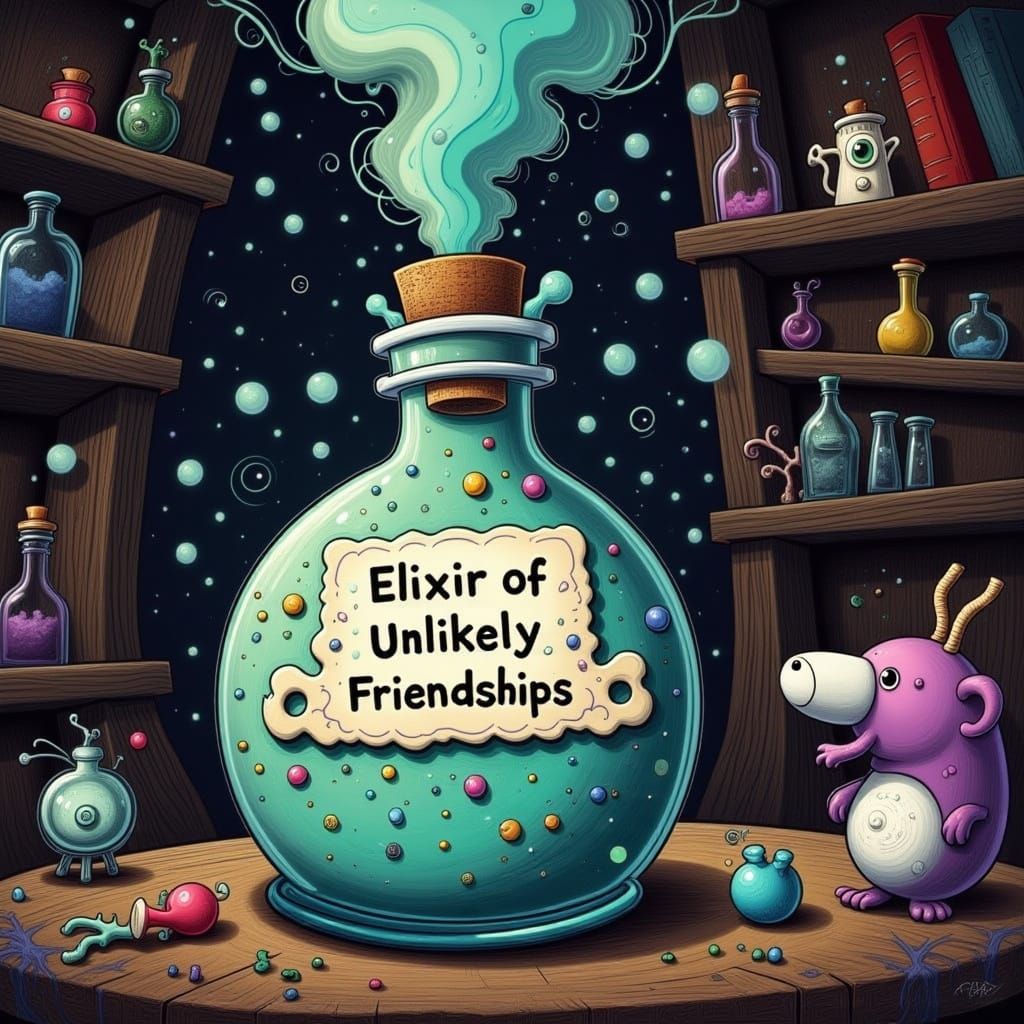 Whimsical Wizard's Elixir in a Colorful, Cartoonish Scene