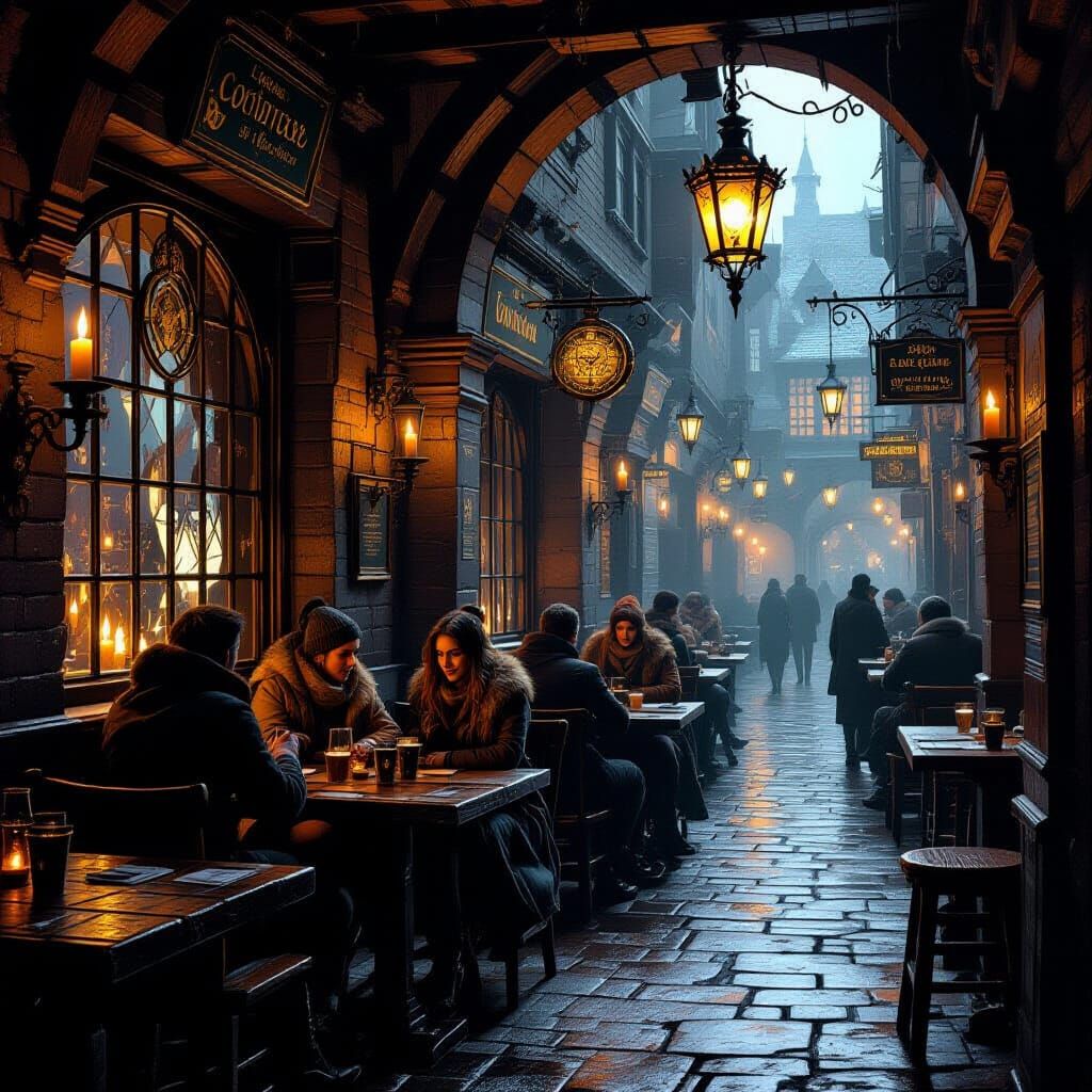 Dimly Lit Tavern Interior with Steampunk Details