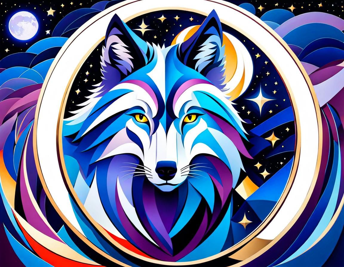 Fantasy Wolf Under Starry Night Sky in Cubist Style