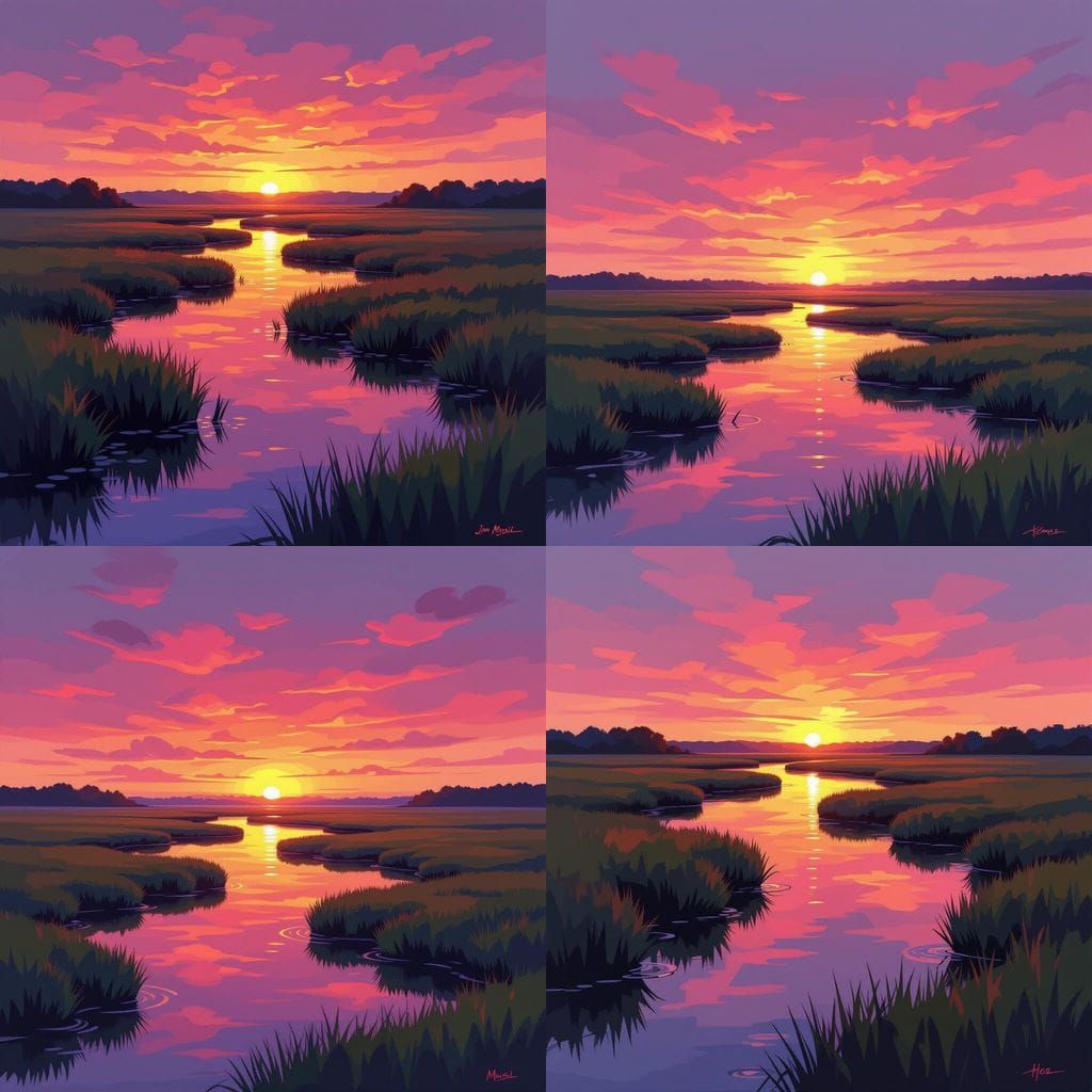 Vivid Sunset Over Marshlands: Acrylic Landscape