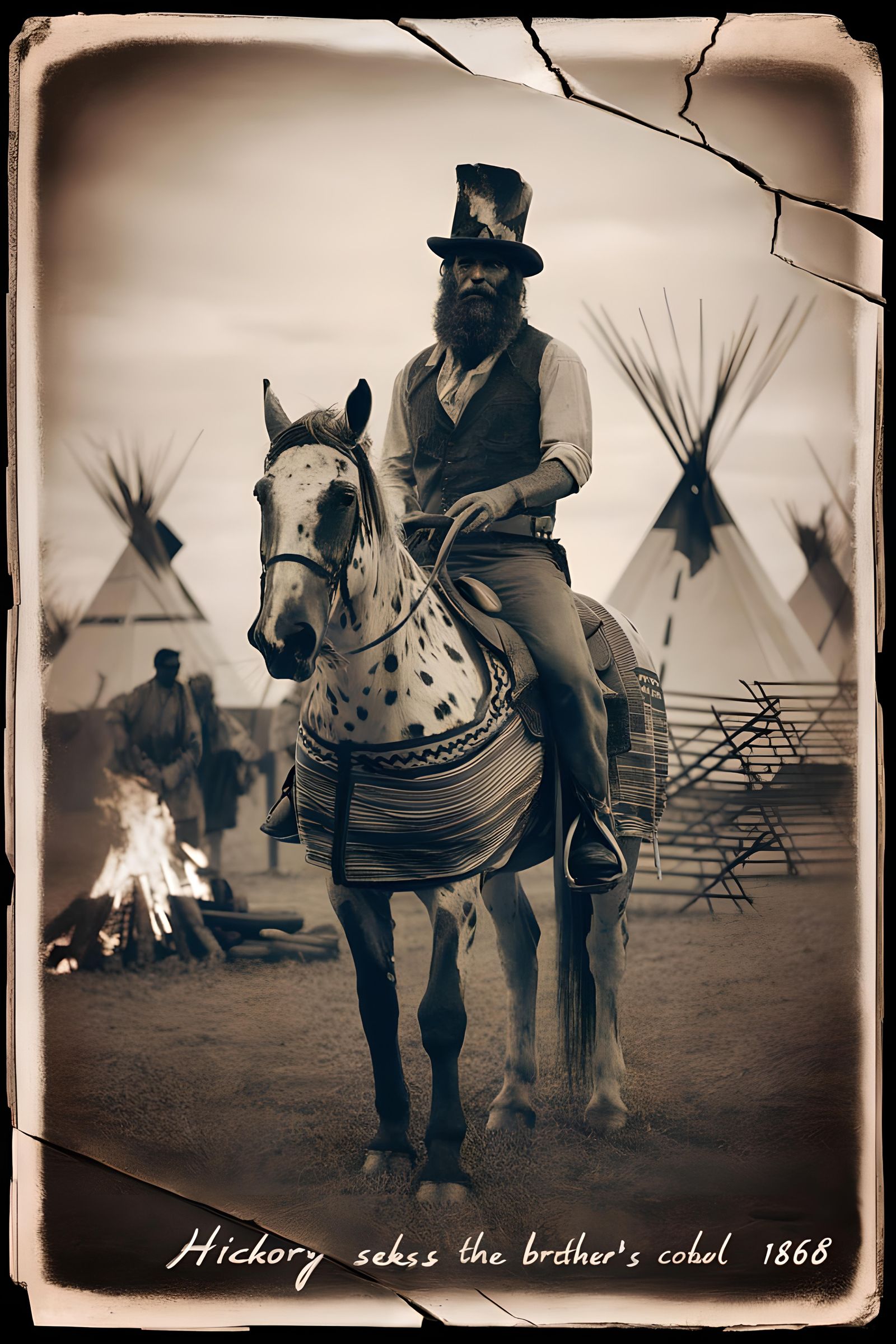 Old West Lithograph of Rider Approaching Village